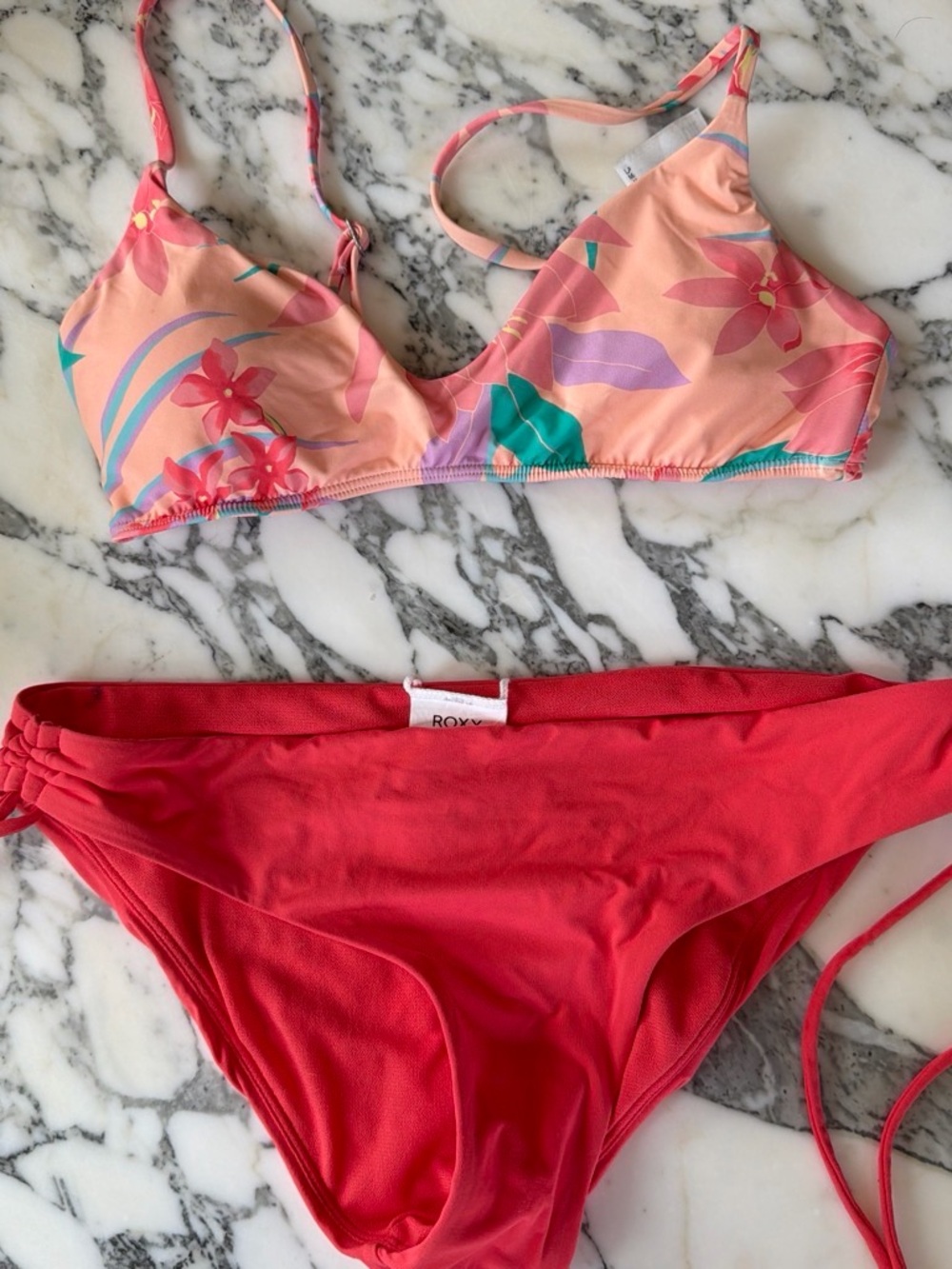 Roxy Peach Floral Bikini Top with Coral Bottoms